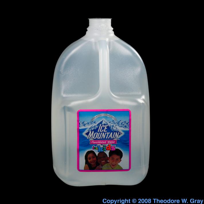 Fluoridated bottled water, a sample of the element Fluorine in the Periodic Table