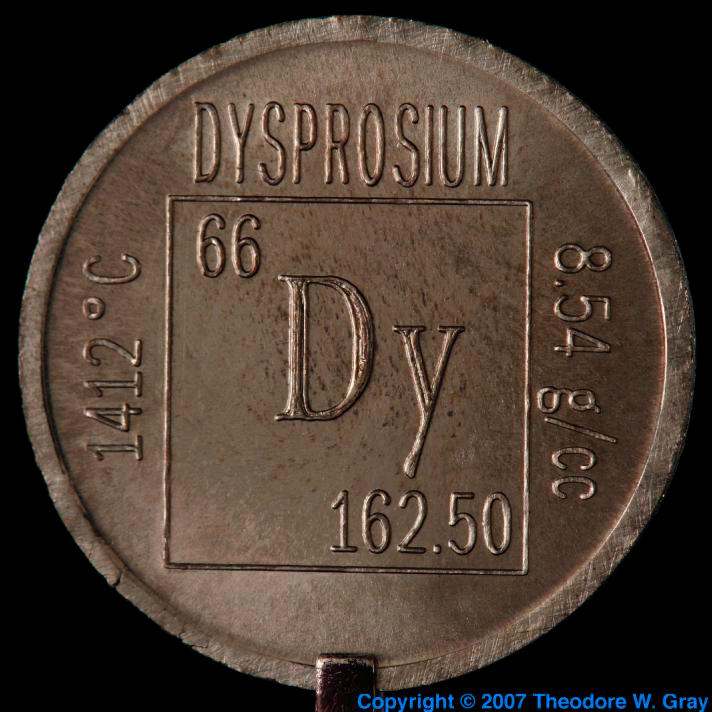 Element coin, a sample of the element Dysprosium in the Periodic Table