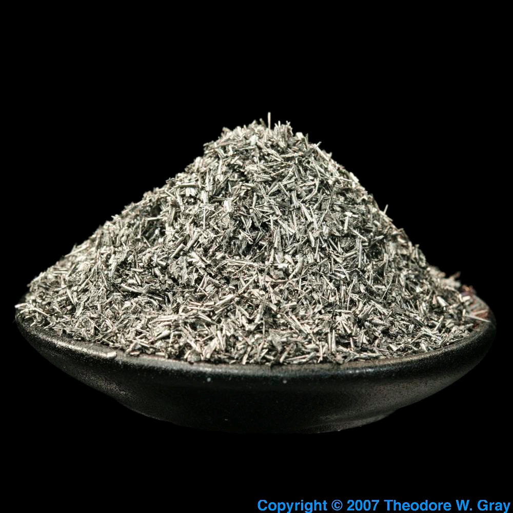 Tungsten turnings, a sample of the element Tungsten in the Periodic Table
